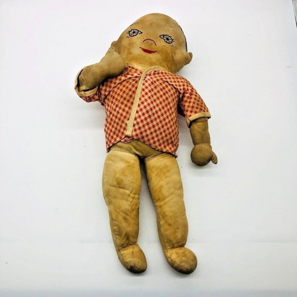 Antique Hand Made 14 inch -Cloth Boy Doll - Embroidered Face & Hair c. 1930's
